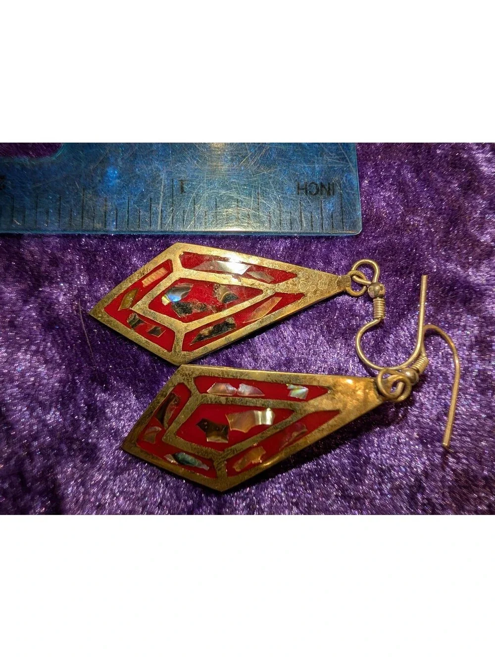 Vintage Alpaca Mexico Geometric Red and Abalone Inlay Dangle Earrings